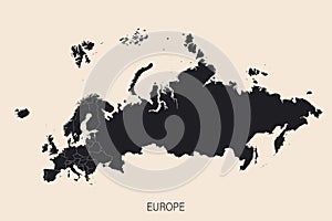 The political detailed map of the continent of Europe with full Russia with borders of countries