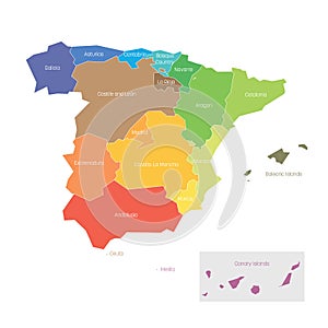 Political divisions of Spain. Map of regional country administrative divisions. Colorful vector illustration