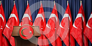 Political event, press conference or speach of a leader of Turkey.  Flag of Turkey and speaker podium tribune