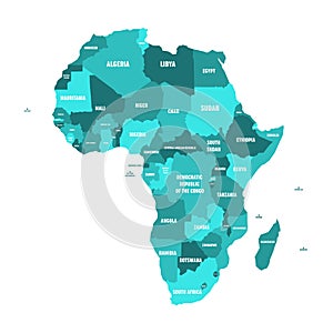 Political map of Africa in four shades of turquoise blue with white country name labels on white background. Vector
