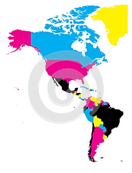 Political map of Americas in CMYK colors on white background. North and South America. Simple flat vector illustration