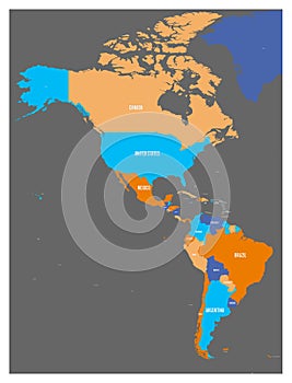 Political map of Americas in four colors on dark grey background. North and South America with country labels. Simple