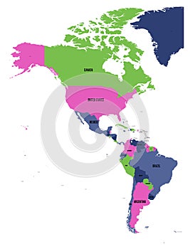 Political map of Americas in four colors on white background. North and South America with country labels. Simple flat