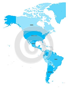 Political map of Americas in four shades of blue on white background. North and South America with country labels