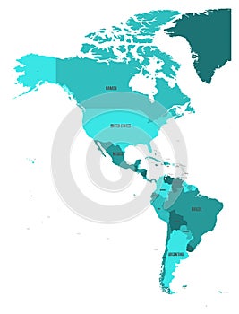 Political map of Americas in four shades of turquoise blue on white background. North and South America with country