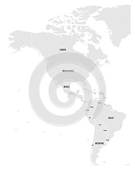 Political map of Americas in grey on white background. North and South America with country labels. Simple flat vector