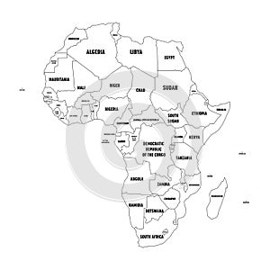 Political map of Arfica continent. Simple black wireframe outline with national borders, and country name labels on