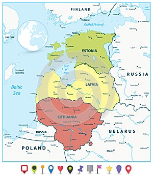 Political Map of the Baltic States and Flat Map Pointers