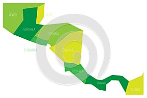 Political map of Central Amercia. Simlified schematic flat vector map in shades of green