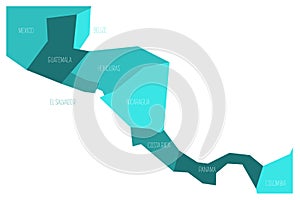 Political map of Central Amercia. Simlified schematic flat vector map in shades of turquoise blue