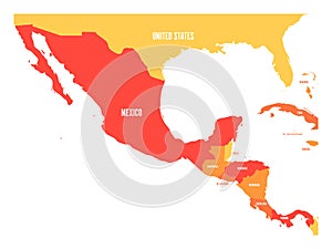 Political map of Central America and Mexico in four shades of orange. Simple flat vector illustration