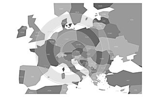 Political map of Central and Southern Europe. Simlified schematic vector map in four shades of grey