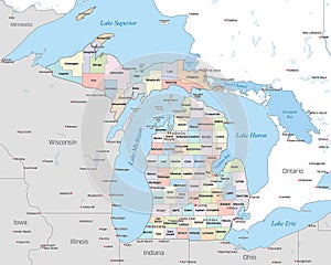 Political map of the counties that make up the state of Michigan