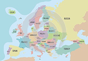 Political map of Europe with different colors for each country and names in English.