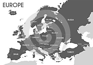 Political map of Europe in gray color with white background and the names of the countries in English.