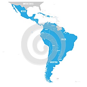 Political map of Latin America. Latin american states blue highlighted in the map of South America, Central America and photo