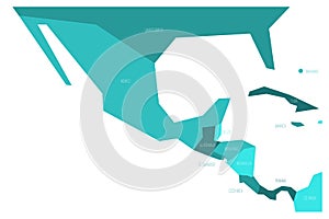 Political map of Mexico and Central Amercia. Simlified schematic flat vector map in four shades of turquoise blue