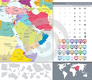 Political Map Of Middle East And Asia With A Square Flat Icon Set