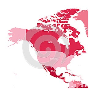 Political map of North and Central America. Simple flat vector map with country name labels in four shades of maroon