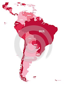 Political map of South America. Simple flat vector map with country name labels in four shades of maroon