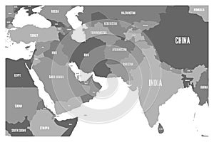 Political map of South Asia and Middle East countries.