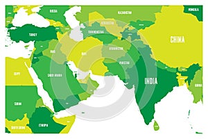 Political map of South Asia and Middle East countries. Simple flat vector map in four shades of green