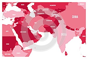 Political map of South Asia and Middle East countries. Simple flat vector map in four shades of maroon