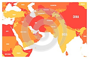 Political map of South Asia and Middle East countries. Simple flat vector map in four shades of orange