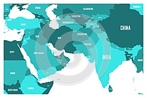 Political map of South Asia and Middle East countries. Simple flat vector map in four shades of turquoise blue