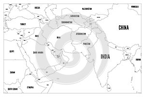 Political map of South Asia and Middle East countries. Simple flat vector outline map with country name labels