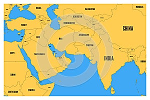 Political map of South Asia and Middle East. Simple flat vector map with yellow land and blue sea