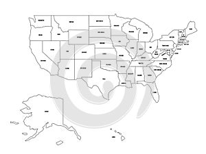 Political map of United States od America, USA. Simple flat black outline vector map with black state name labels on