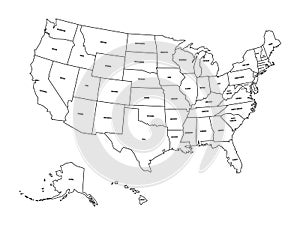 Political map of United States od America, USA. Simple flat black outline vector map with black state name labels on