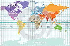 Political map of the world with all continents separated by color, labeled countries and oceans, and with enumerated longitudes an