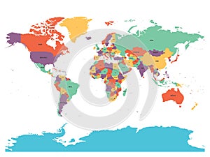 Political map of world with Antarctica. Countries in four different colors without borders on white background. Black