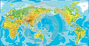 Political Physical Topographic Colored World Map Pacific Centered photo