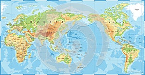 Political Physical Topographic Colored World Map Pacific Centered