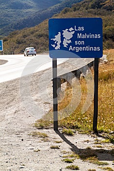 Political roadside sign near Ushuaia states: Las Malvinas son Argetinas Falklands belong to Argentin