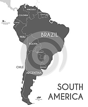 Political South America Map vector illustration isolated on white background.