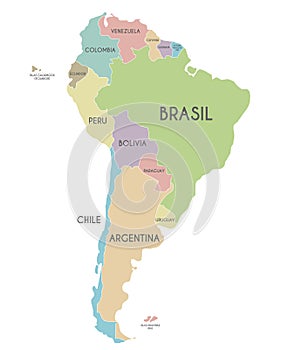 Political South America Map vector illustration isolated on white background with country names in spanish