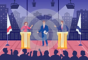 Political talk show. Two politico speaking on debate audience stage tv broadcast, professional speakers leader politics photo