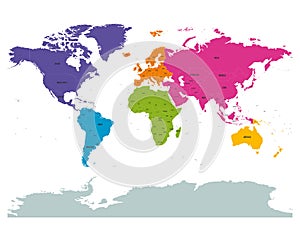 Political world colored by continents with country labels om white background. Simple flat vector illustration