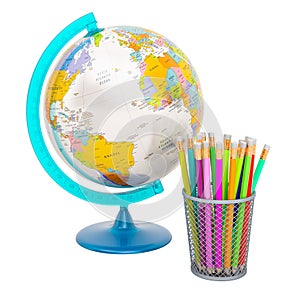 Political World Globe and colored pencils in holder. Back to school, education concept. 3D rendering