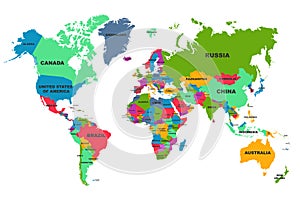 Political World Map, colourful world countries and country names, continents of the planet - vector