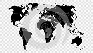 Political world map on transparent background, black color earth continents silhouette