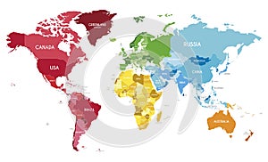 Political World Map vector illustration with different colors for each continent and different tones for each country.