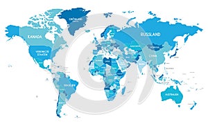 Political World Map vector illustration with different tones of blue for each country and country names in german.