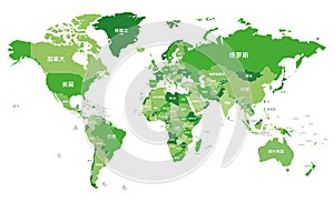 Political World Map vector illustration with different tones of green for each country and country names in chinese.