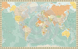 Political World Map Vintage Colors and Bathymetry