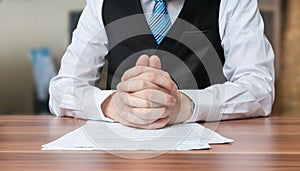 Politician with clapsed hands sitting behind desk